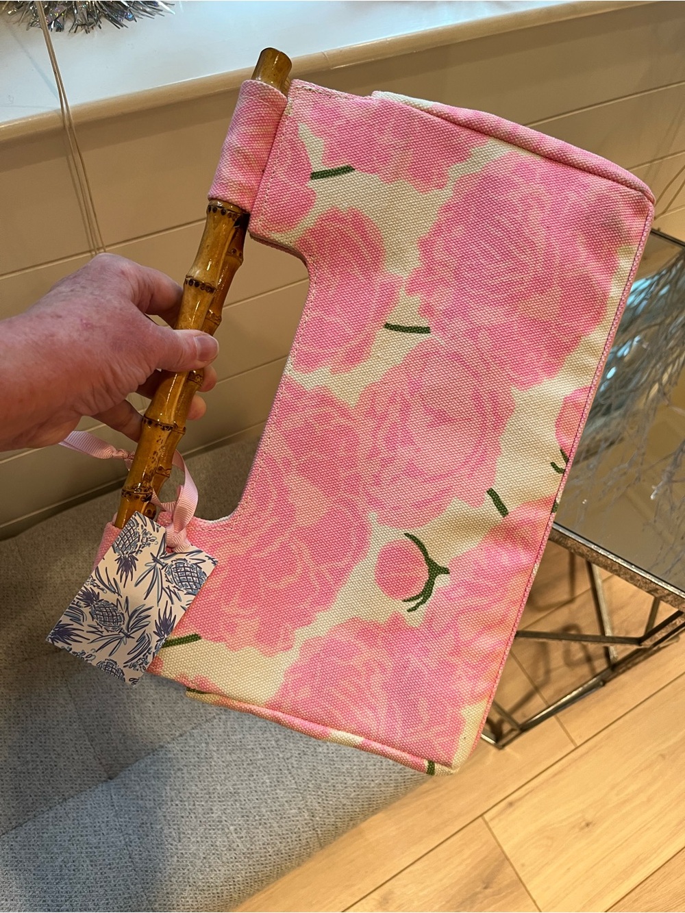 NWT Lilibridge Pink Peonies Resort Floral Canvas Clutch Tote bag bamboo handles - Picture 7 of 16